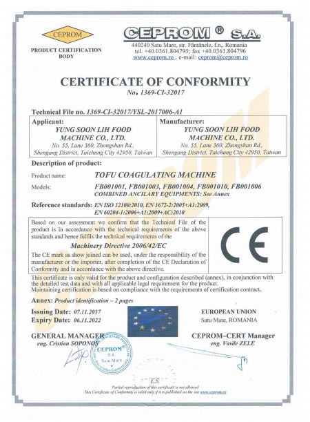 TOFU COAGULATING MACHINE CE certificate